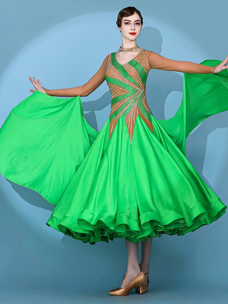 Vestido de dança de salão padrão para mulheres alta verde competição valsa vestidos senhora manga longa flamenco tango dança saia