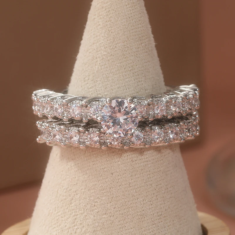 2pcs/set Elegant Romantic Synthetic Zirconia Silvery Promise Ring for Women Fashion Shiny Wedding Engagement Jewelry Accessories