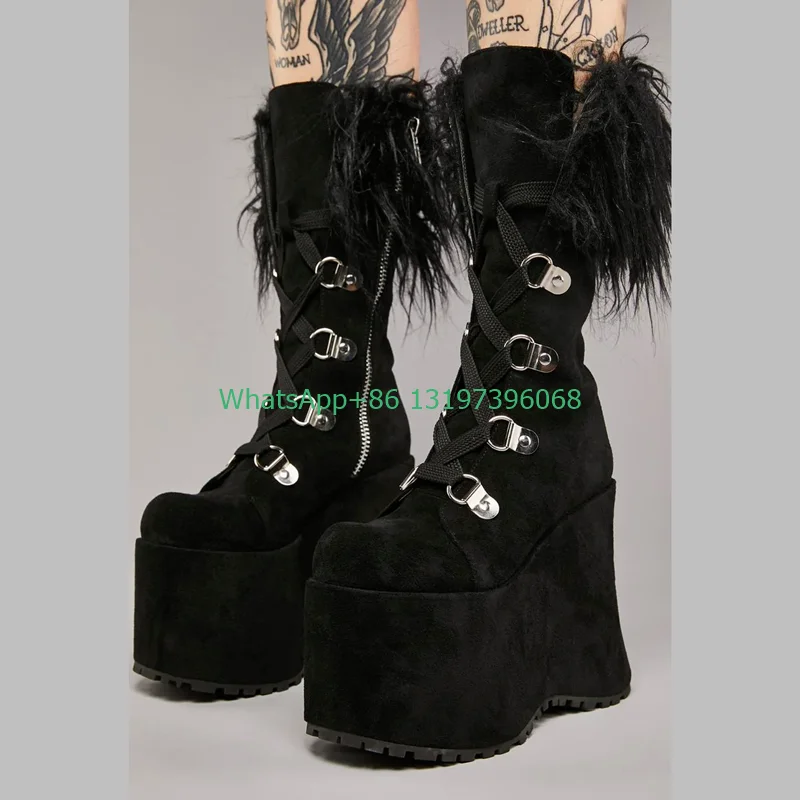 Lady czarne zamszowe futrzane buty punk sexy platforma feather desin buty ze skórki cielęcej obuwie rozmiar 46 metalowe buty ze sznurowaniami boczne