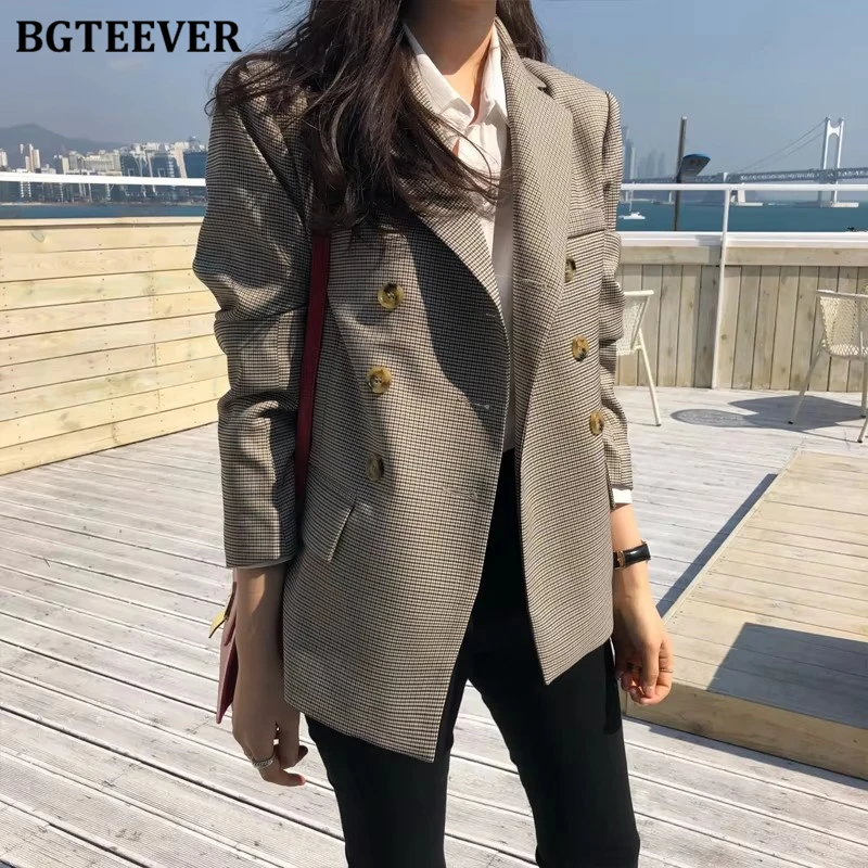 BGTEEVER Classic Plaid Double Breasted Women Jacket Blazer Notched Collar Female Suits Coat Fashion Houndstooth blazers