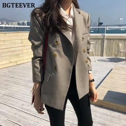 BGTEEVER Classic Plaid Double Breasted Women Jacket Blazer Notched Collar Female Suits Coat Fashion Houndstooth blazers
