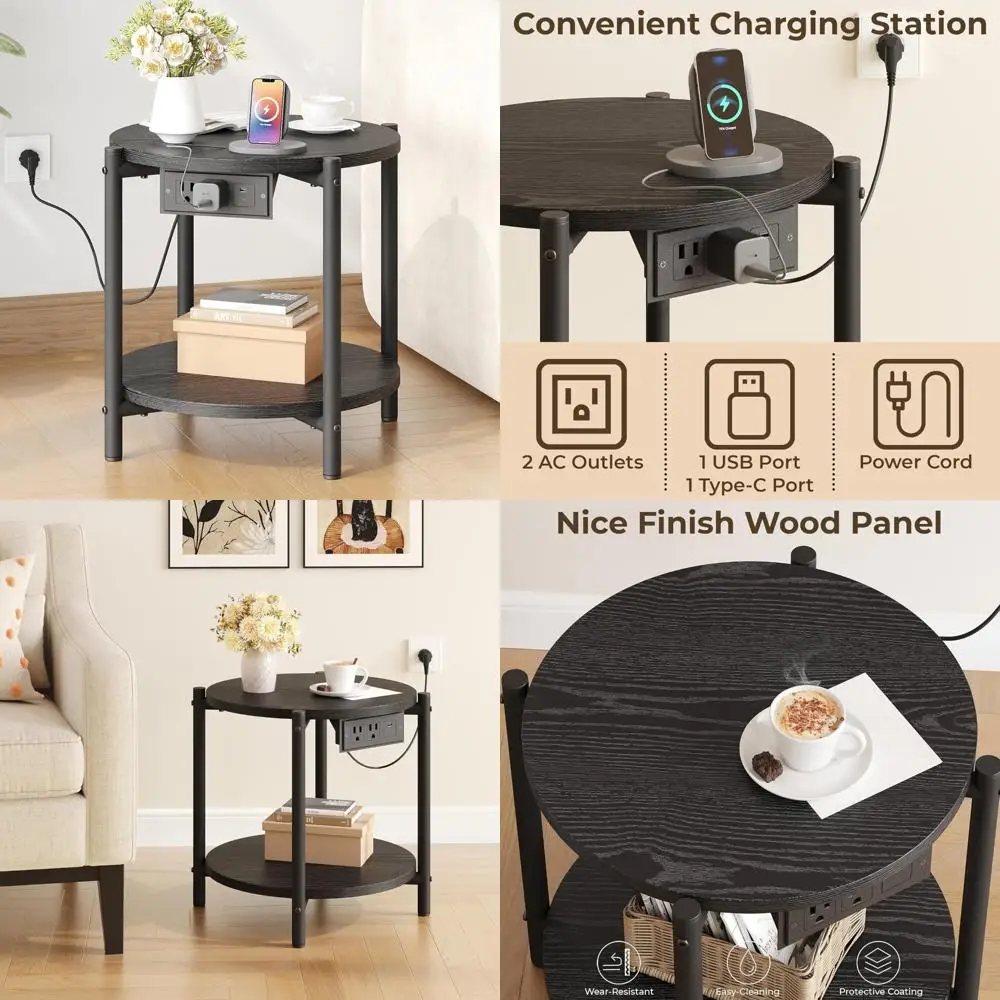 

Compact 15.8 W Round Side Table with Charging Station, 2-Tier End Table, Wooden Nightstand for Small Spaces