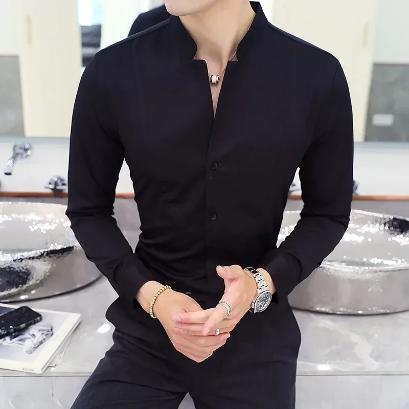 2023 Lente 3 Kleur Opstaande Kraag Shirt Hoge Kwaliteit Mannen Lange Mouwen Slim Fit Casual Shirt Zwart Wit Rood Business Jurk Shirts