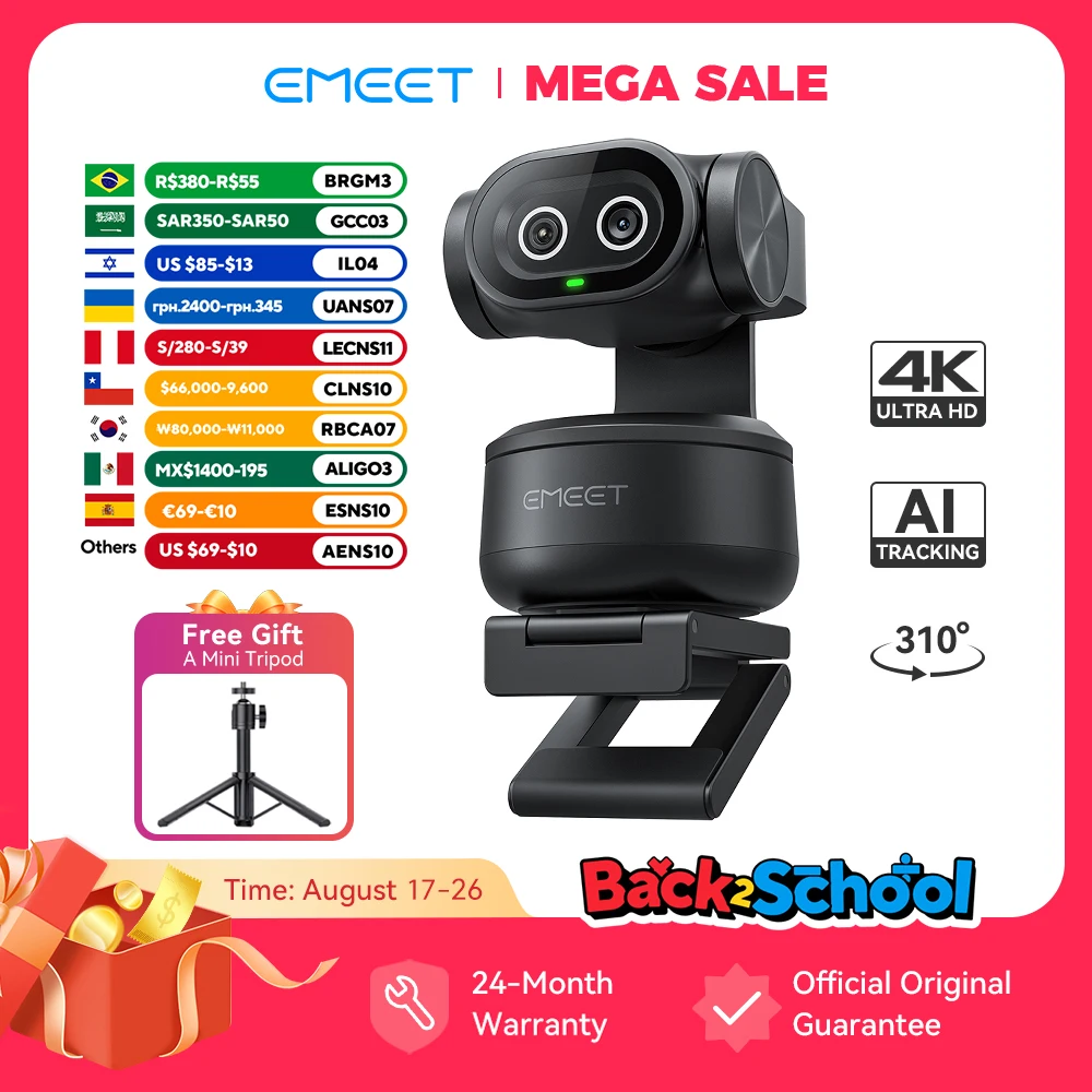 4K Webcam PTZ Webkamera mit Gestensteuerung, Autofokus, KI-Tracking, Videokamera für Streaming, EMEET PIXY Dual-Kamera mit Sony-Sensor