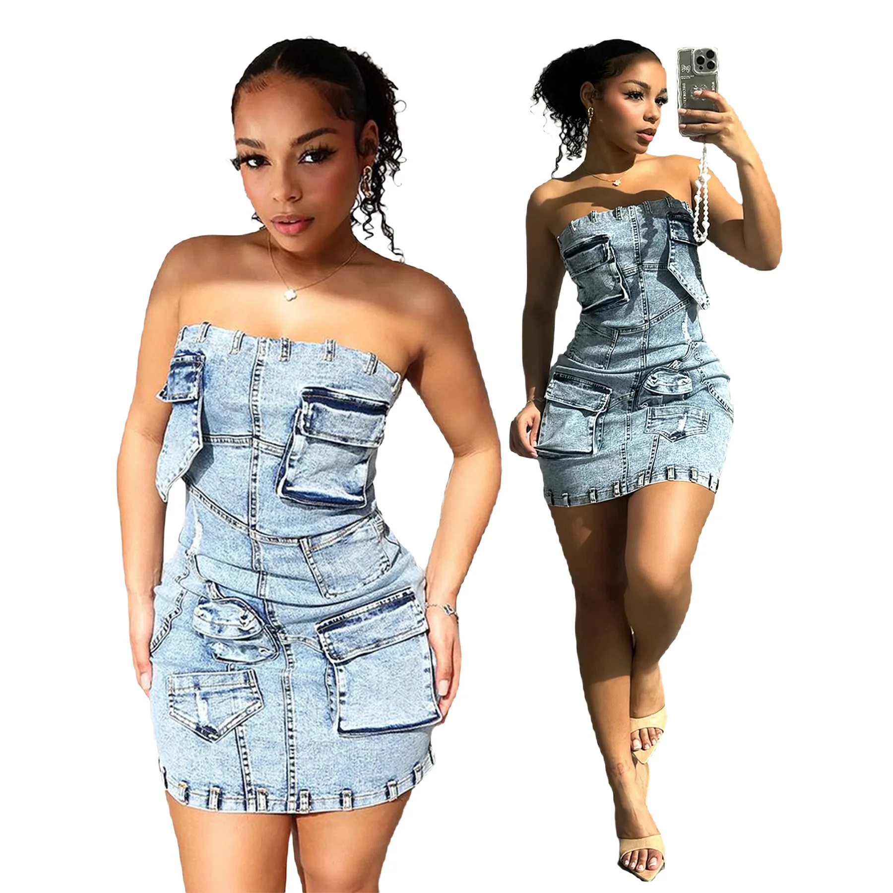 

New fashionable and sexy strapless slim fitting 3D pocket denim dress for women's jumpsuit summer dress mini dress