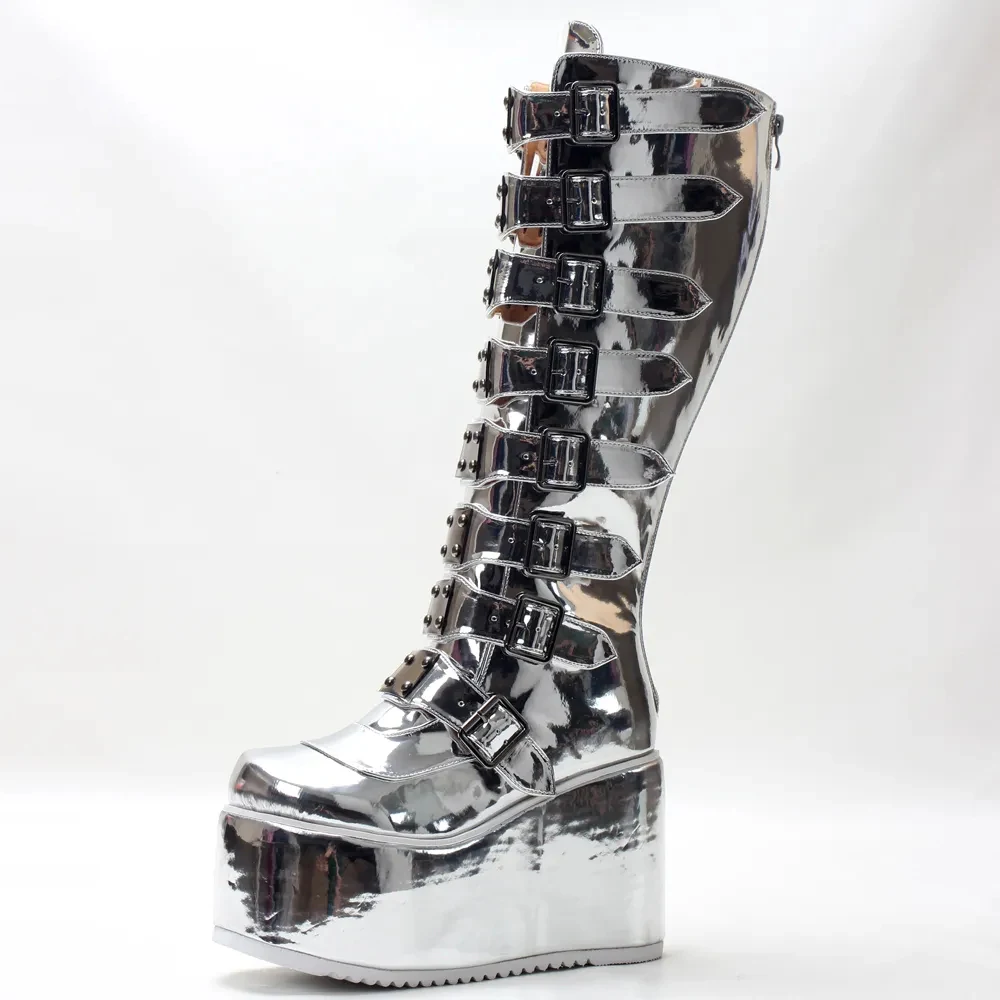 Brand New Women Punk Gothic Style Crystal Mirror 11cm High Platform Knight Cosplay Motorcycle Knee-High Boots