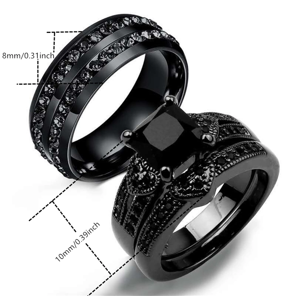 Gorgeous Black Full Zircon Couple Ring Fashion Men\'s Stainless Steel Ring Elegant Women\'s Heart-shaped 2pcs Wedding Jewelry Gift