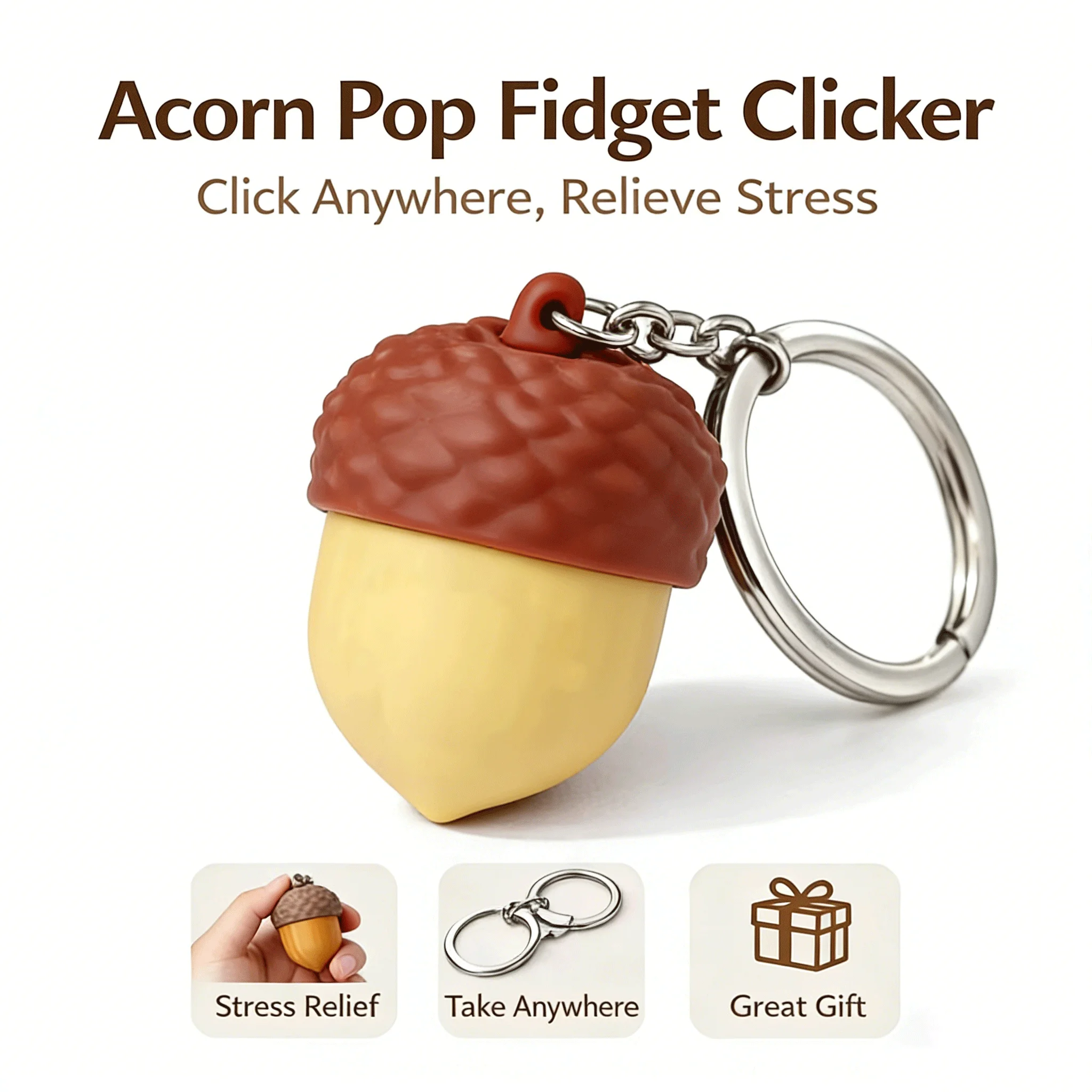 

Acorn Pop Fidget Button Clicker Keychain Pendant Simulated Pinecone Silent Stress Relief Toy Portable KeyRing BackBag Decor Gift