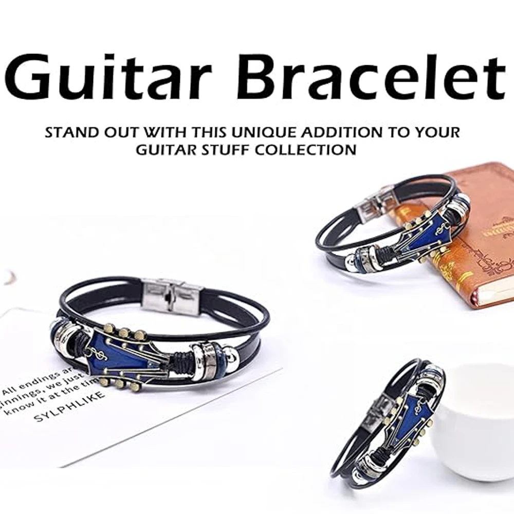 Retro Faux Leather Guitar Bracelet, Punk Rock Music Guitar Genuine Leather Bracelet, Handmade Braided Multi-Layer Wrap Bracelet image 4