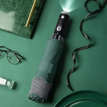 반사 스트라이프 역방향 LED 조명 자동 우산, 배터리 없음, 3 접이식 반전 10 리브