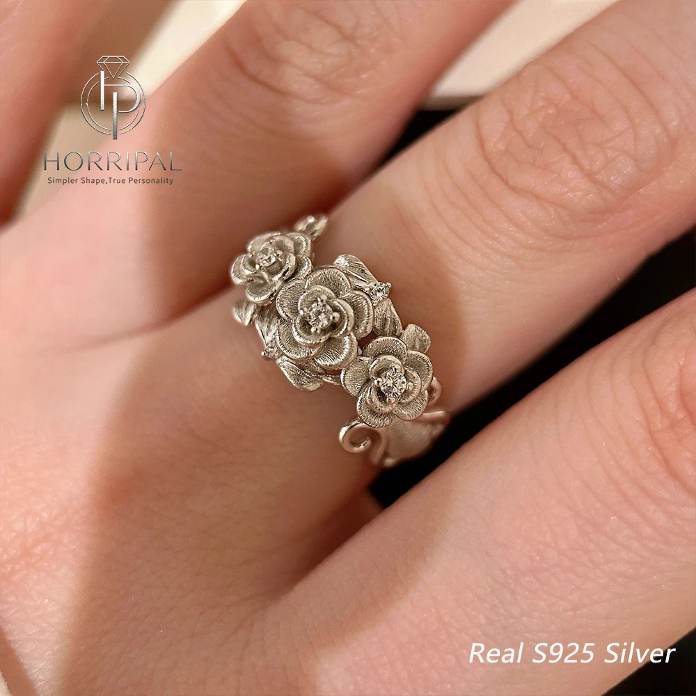 S925 Sterling Silver Rose Flower Zircon Ring Matte Brushed Finish Vintage Medieval Floral Band for Women Romantic Fine Jewelry