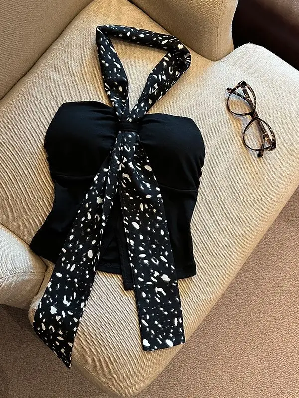 

2025 New American Style Leopard Print Tie Strap Camisole Women Summer Dopamine Sexy Tube Top with Chest Pad Fashion
