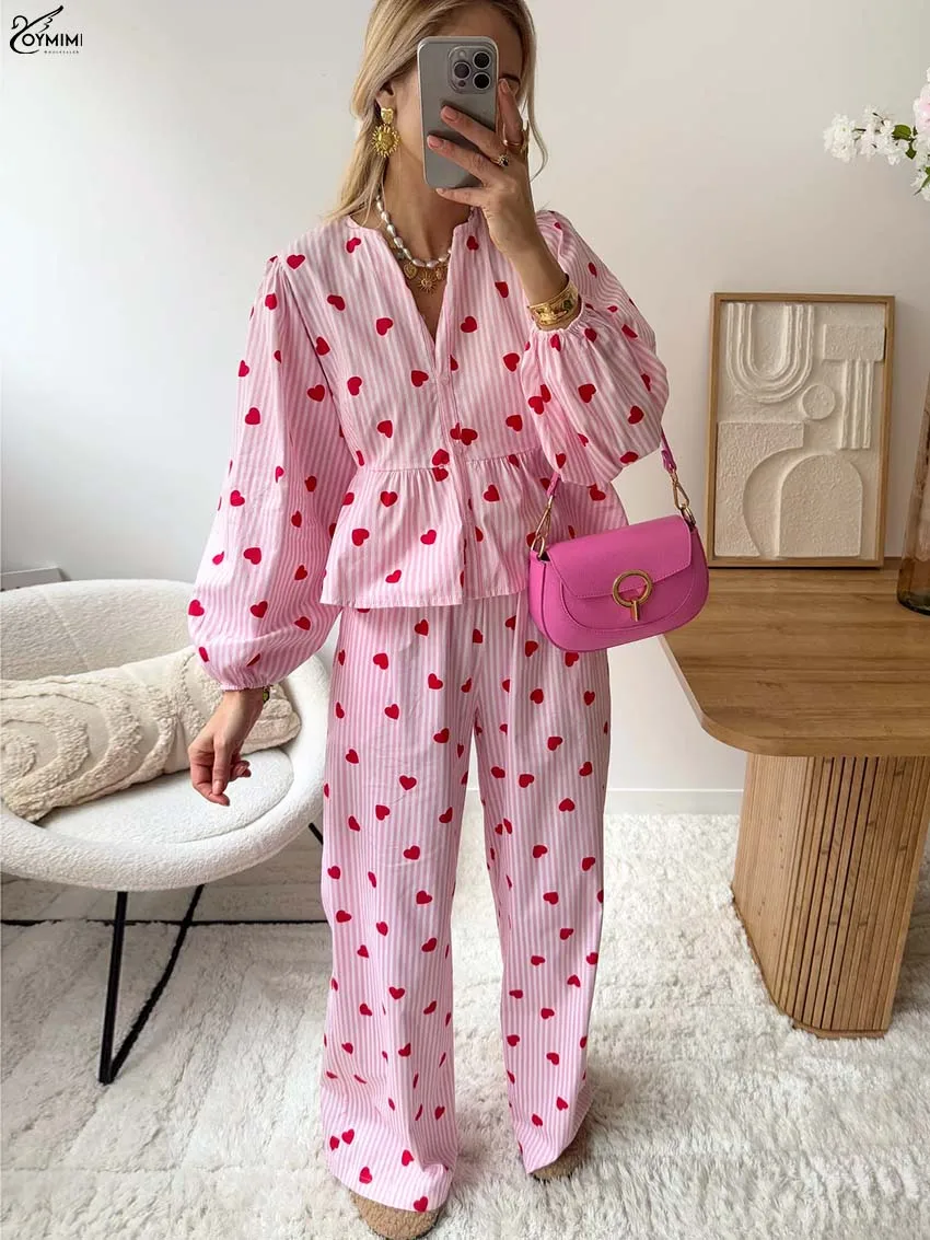 

Oymimi, повседневные розовые комплекты из двух предметов с принтом, женские модные рубашки с рукавами на запястьях и пуговицами, рубашки с рюшами и карманами, комплекты прямых брюк