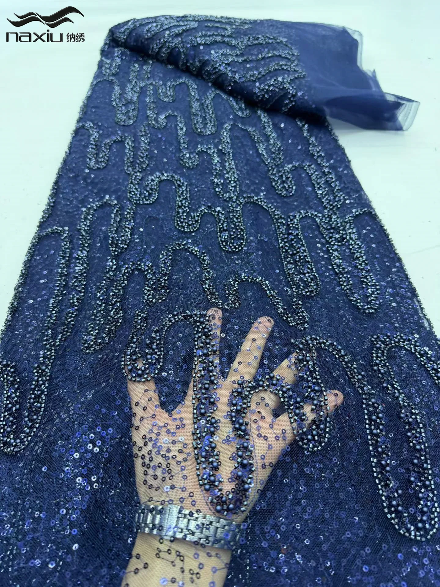 

Madison French Mesh Sequins Fabric African Lace Nigerian Embroidery Beads Net High Quality Luxury for Evening Dresses 5Yards
