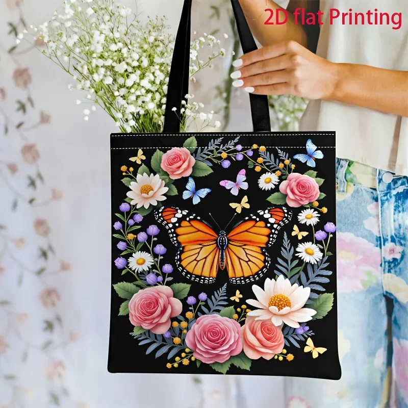 1pc Handbag Adorned with Colorful Butterflies And Blooming Flowers for Daily Commutes And Gatherings Shoulder Bag