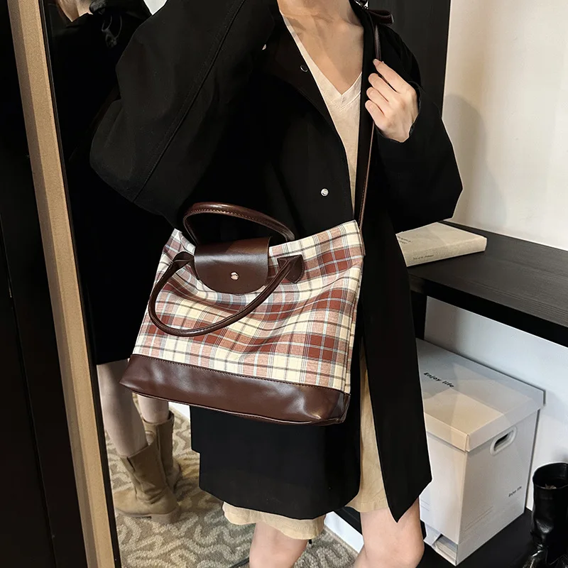 Casual Large-capacity Plaid Bag Women's 2024 New College Style Commuter Double Shoulder Back Bag Single Shoulder Tote Bag