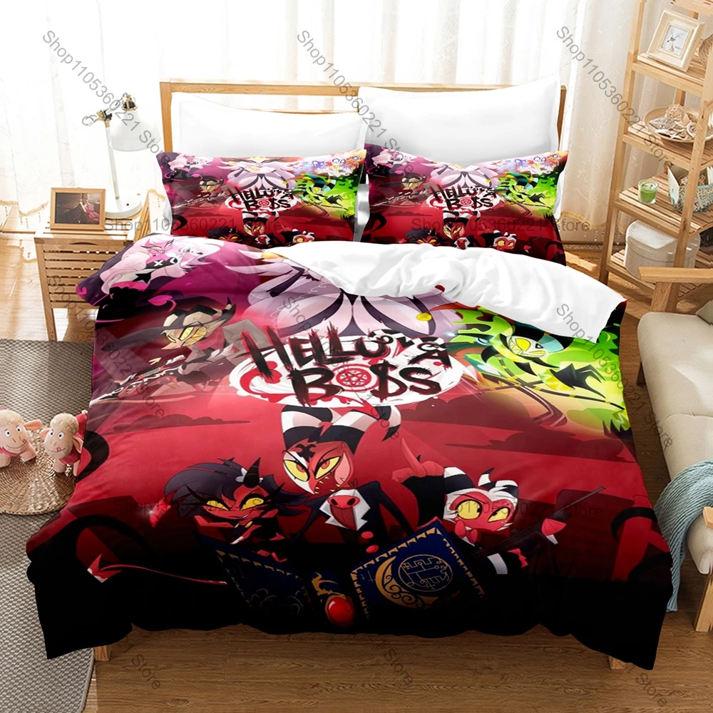 Helluva Bedding Set Duvet Cover + 2 Pillowcases Adult Dark Cartoon Imp Demon Blitzø Stolas Red Hell Neon Gothic Bedroom Decor