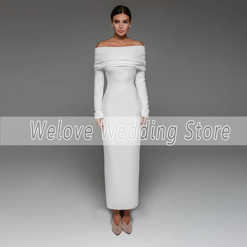 Civil Engagement Wedding Dress Boat Neck Long Sleeve Ankle Length White Bridal Gown Party Wear Pleat Sheath Свадебное платье