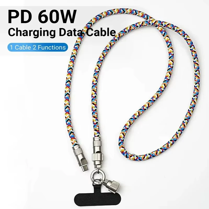 

2 In 1 Fashionable Mobile Phone Lanyard Zinc Alloy PD 60W C To C Charging Cable For iPhone 15 16 17 pro max xiaomi Samsung