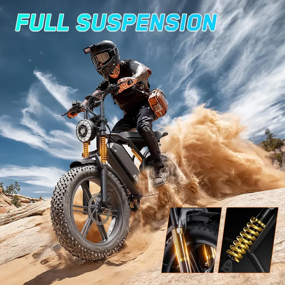 New Upgrade US Shipping Full Suspension Fat Tire Electric Bike for Adults 1500W Peak Motor 60 Miles Range 48V 15Ah Removable Bat