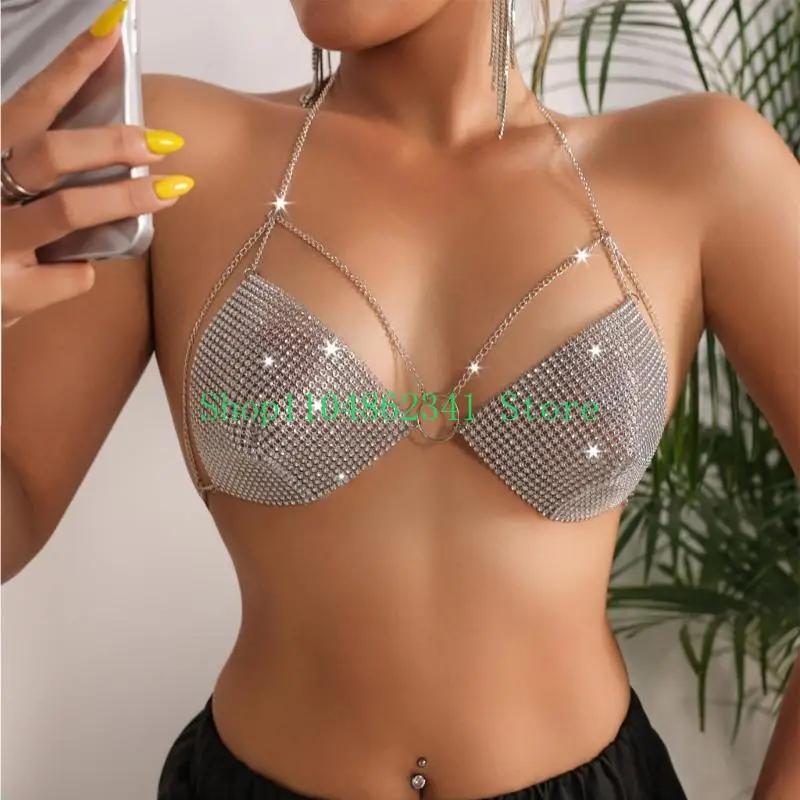 5ASD女性エレガントなラインストーンメッシュカミークロップトップスパークリングホルターボディチェーンキャミソールビキニブラジャーダンスパーティーとイベント
