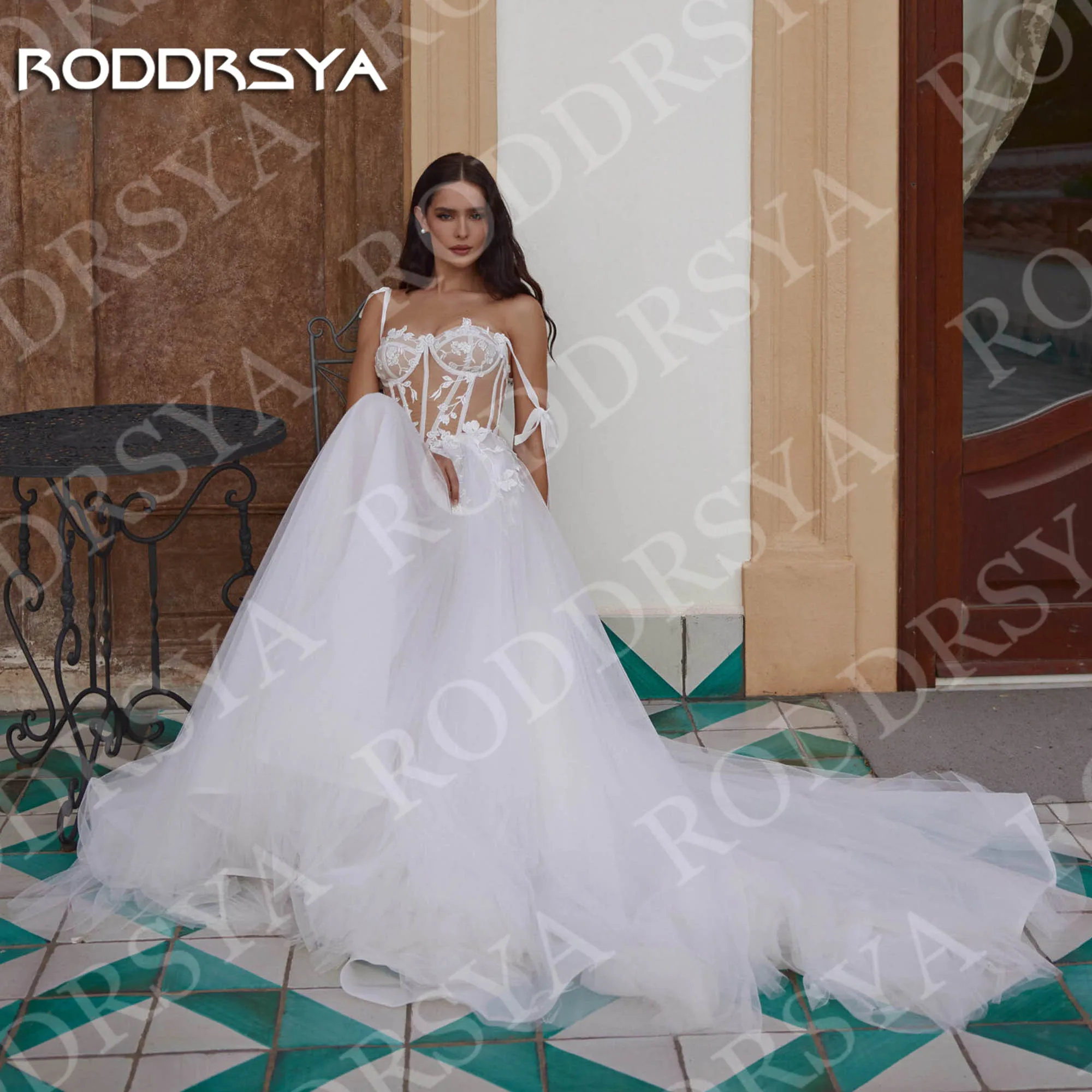 RODDRSYA السباغيتي حزام ألف خط فساتين الزفاف أنيقة يزين تول الدانتيل فستان زفاف الشاطئ مخصص حزام سباغيتي خط فساتين الزفاف الأنيقة التطبيقات تول الدانتيل شاطئ فستان العروس مخصصة