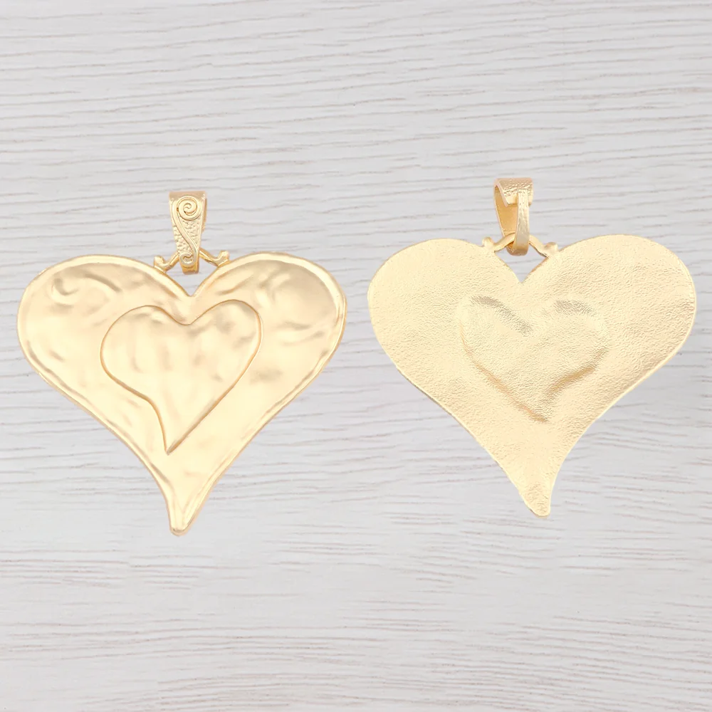 1 x Antique Gold Color Large Hammered Double Love Heart Charms Pendants for DIY Necklace Jewelry Making Findings Accessories