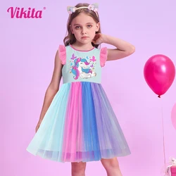 VIKITA Girls Butterfly Unicorn Cartoon Print Flare Sleeve Summer Dress Girls Colorful Rainbow Mesh Tulle Party Princess Dresses