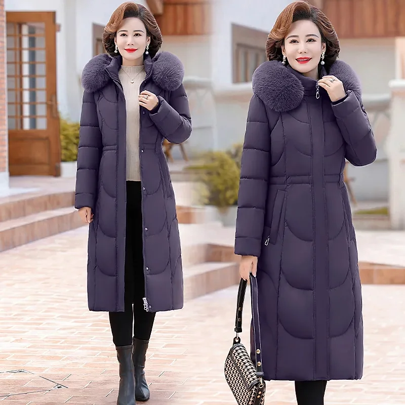 

Winter Jacket Women Parkas Middle-aged Mother Fur Collar Hooded Long Puffer Jacket Outerwear Casual Thicken Warm Coats