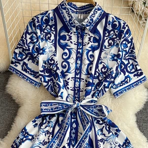 Damen Midi Blumenhemd, blaues, weißes Porzellandruck, Kurzarm, Single -Brust, Frauengefäß, Urlaub, neu, Sommer 6 Hauptverkaufskleid Blue Shirt - №6