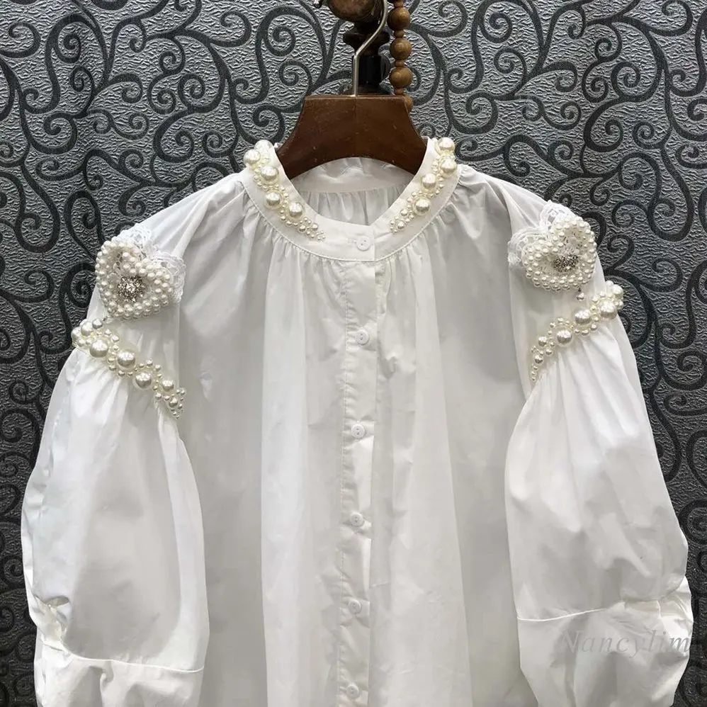 Loose Long White Blouse for Women 2023 Spring Love Beads Lantern Sleeve Shirt European and American Style Top Shirts Blusas