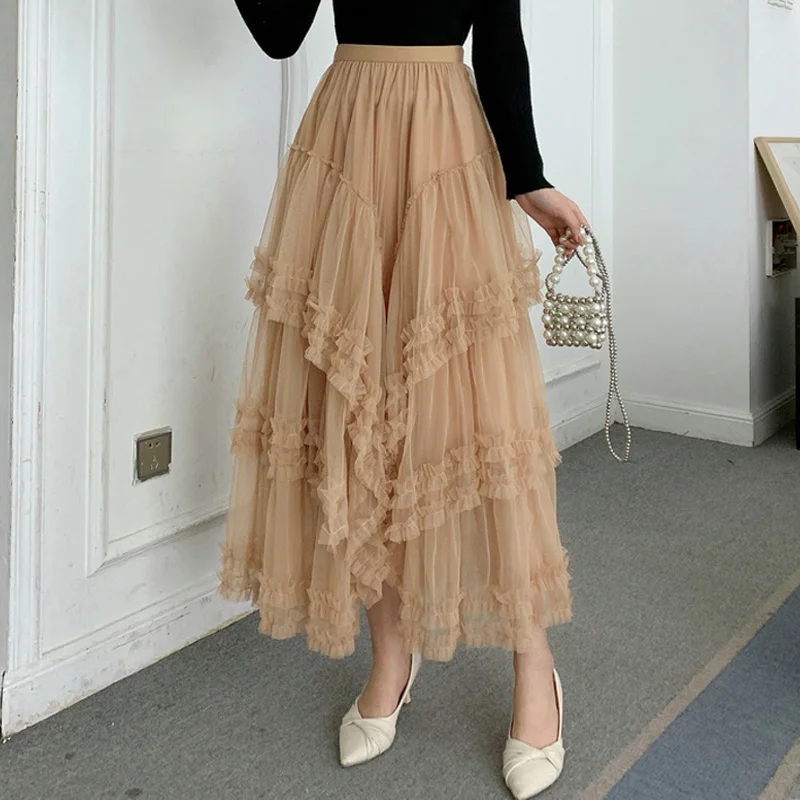 

2023 Autumn Winter Sweet Cake Tulle Skirt Women Bohemian Mid Long A Line Skirt Female Khaki Party Skirt Lady Long Maxi Skirts