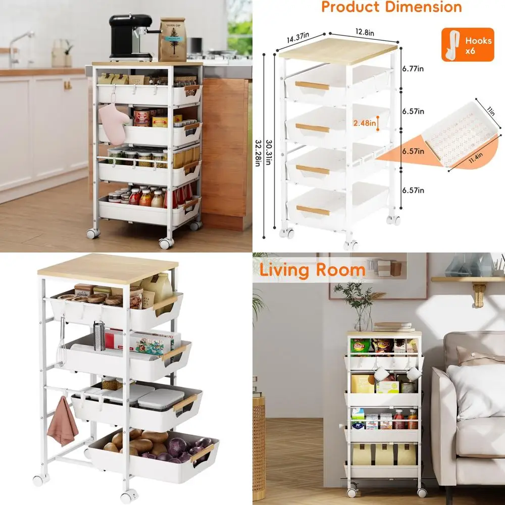 

5-уровневая кухонная тележка на колесиках с деревянной столешницей, выдвижными корзинами и металлическими держателями для фруктов, овощей и бытовой техники белого цвета