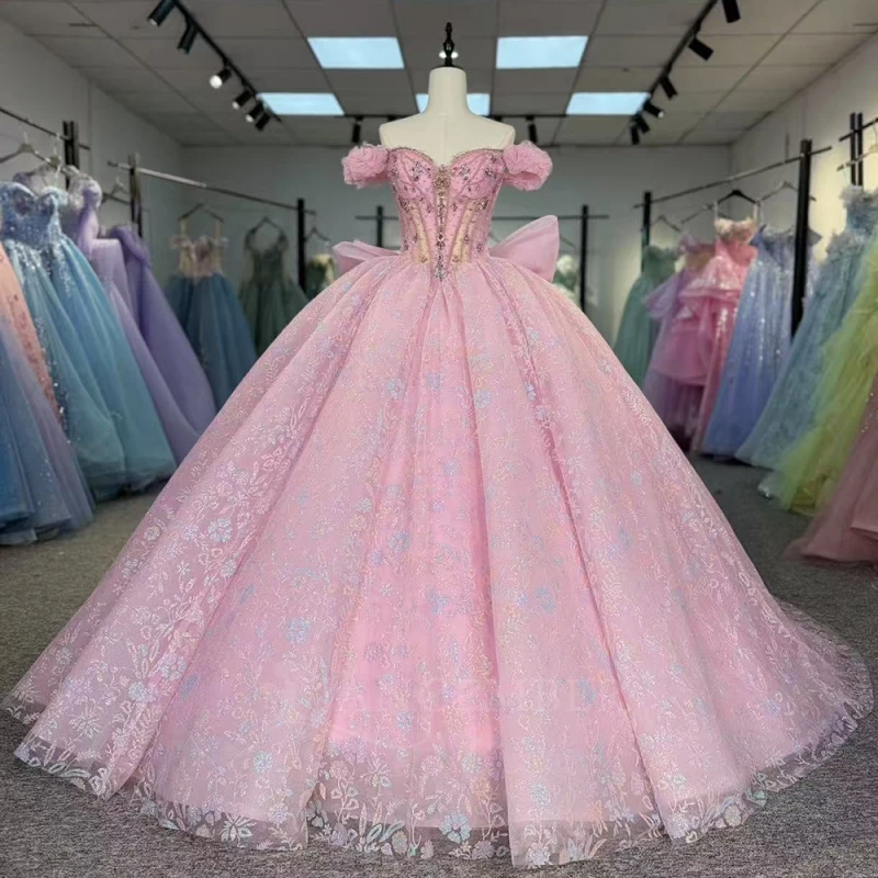 

Розовые блестящие платья Quinceanera с открытыми плечами и блестками, аппликация, кружево, бисер, тюль, бант, вечерние, день рождения, сладкое платье 16, Vestidos 15