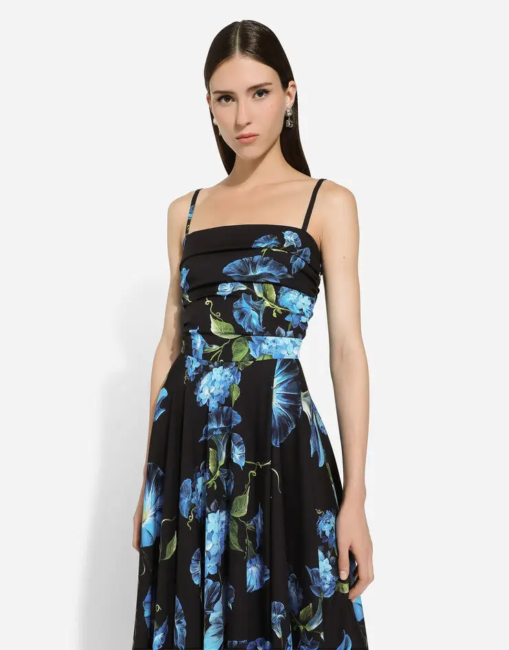 

2024 Summer New Women's Wear Minimalist blue morning glory print high waisted suspender dress 0516