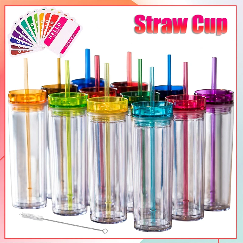 450ml Colorful Straw Cup,Skinny Clear Coffee Cup,Summer Ice Water Bottle,Double Wall Plastic Drinkware for Juice Shakes Smoothie