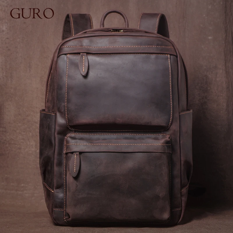 GURO High Quality Genuine Leather Backpack Men's Luxury Weekend Travel Bags Top Cowhide Vintage Schoolbag For 16 Inch Laptoptop