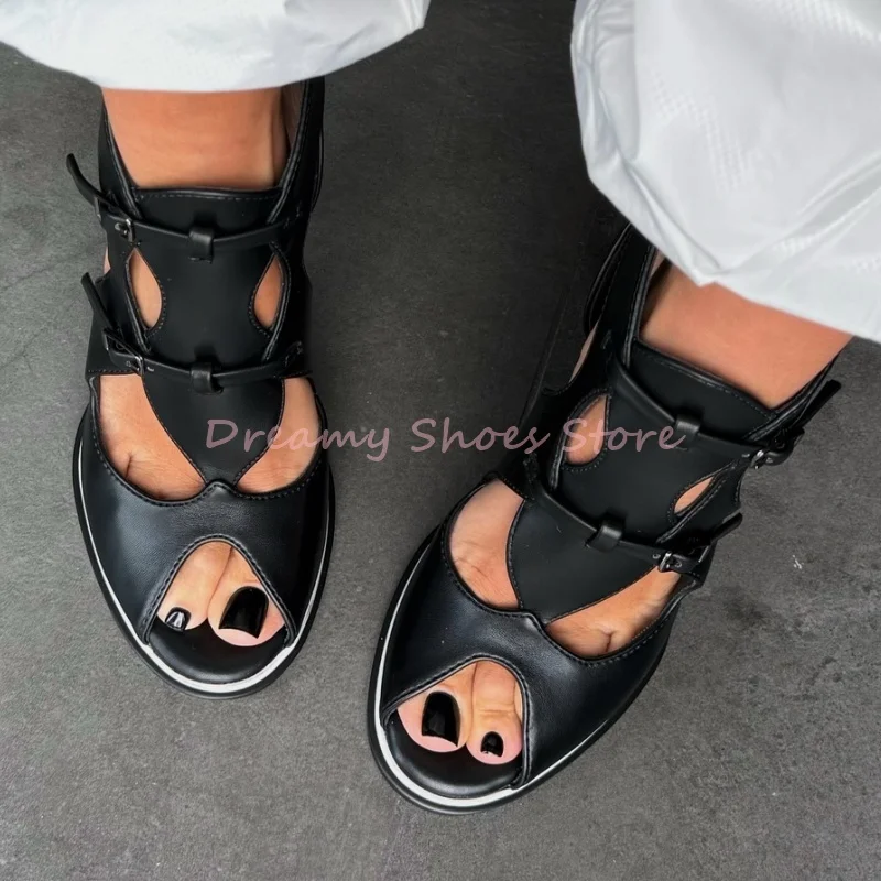

Brown Leather Belt Buckle Hollow Peep Toe Sandals Women Back Zipper Cover Heel Thin High Heels Street Style Party Smmer Shoes