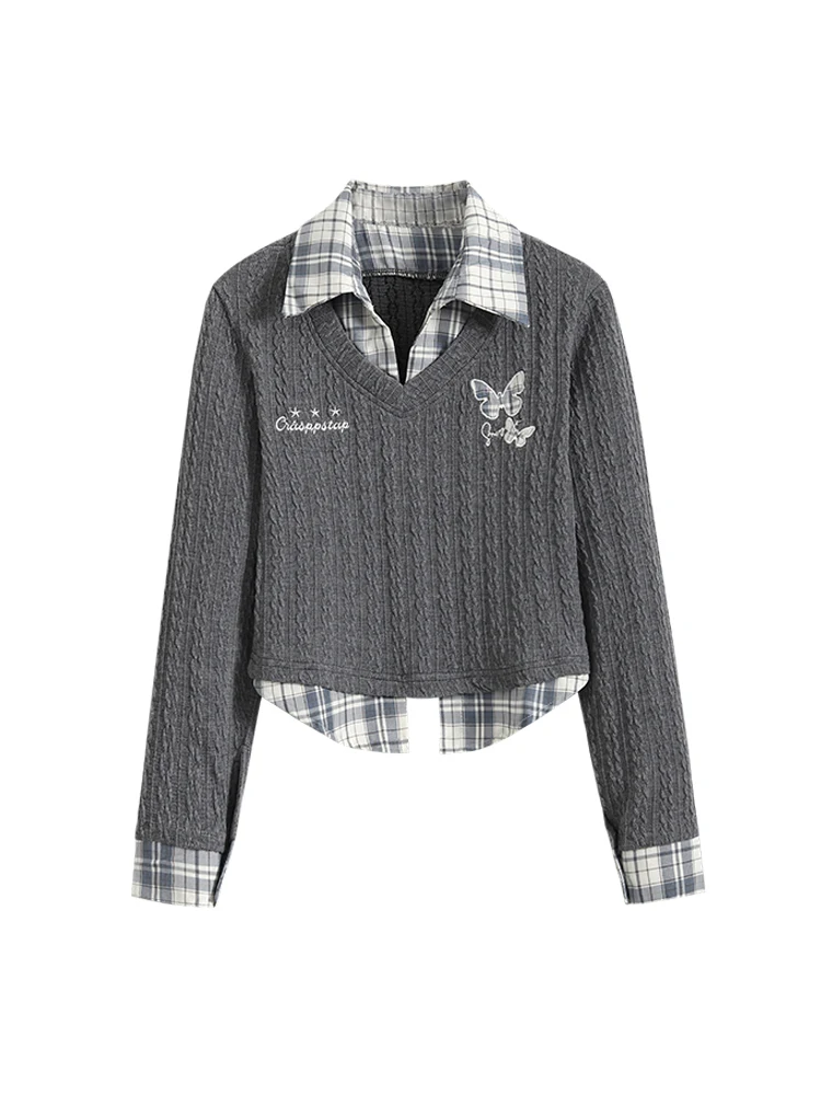 Patchwork damski szary sweter sweter 90s estetyczny Y2k elegancki Vintage dลugie rฤkawy sweter z dzianiny sweter 2000s ubrania jesieล