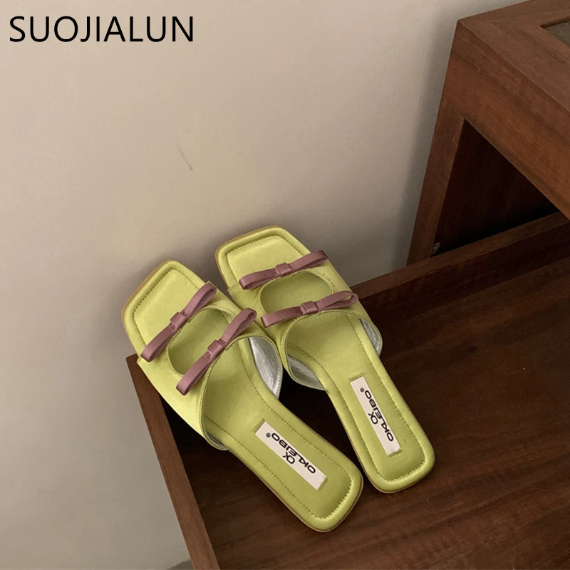 SUOJIALUN 2024 Summer New Brand Women Slipper Fashion Bow-knot Slip On Ladies Elegant Slides Soft Flat Heel Dress Sandal Shoes