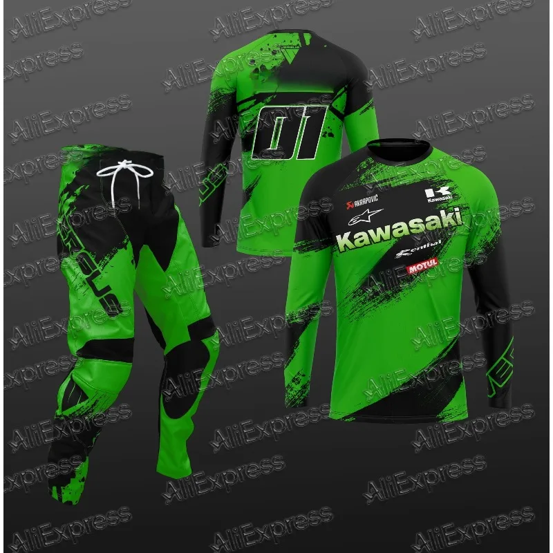 

2026 Trendy Kawasaki Printed Motorcycle Mountain Bike Jersey Racing Sports Breathable Sweat Wicking Quick Long Sleeve Pant Set