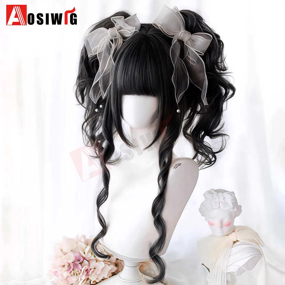 Synthetische Lolita-Perücke im Prinzessinnen-Schnitt mit doppeltem Pferdeschwanz und Pony, für Mädchen, Ombre, Blond, Braun, Weiß, Grau, Cosplay, Halloween, Harajuku-Perücke