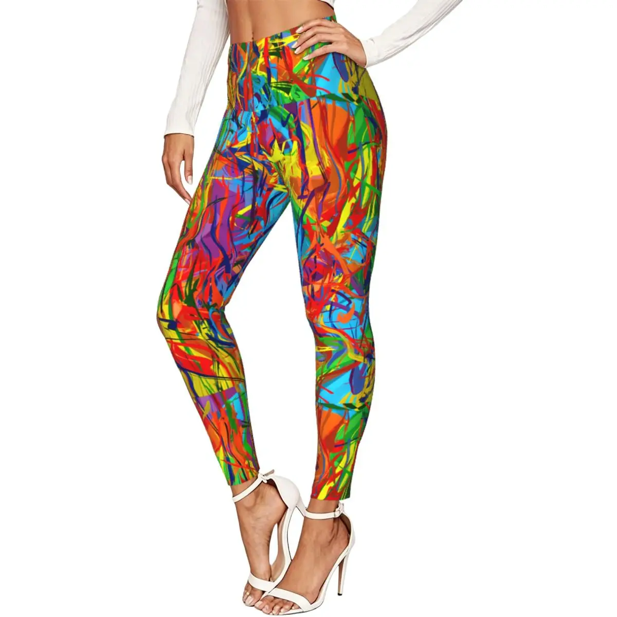 Rainbow Splash Circled Lines Art Women Leggings High Waisted Stretch Tights Workout Running Pants