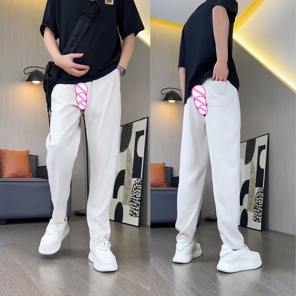 

Breathable Casual Pants Men's Silky Straight-Leg Pants Invisible Open Crotch Outdoor Sex Anti-Wrinkle Pendant Loose Trousers