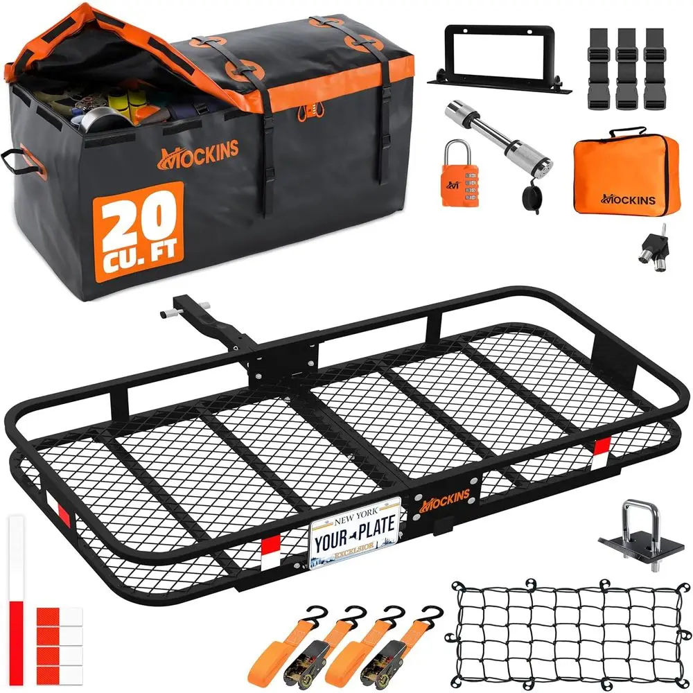 60x20x6 Steel Trailer Hitch Cargo Carrier with Waterproof Bag, License Plate Holder, Stabilizer, Net & Straps