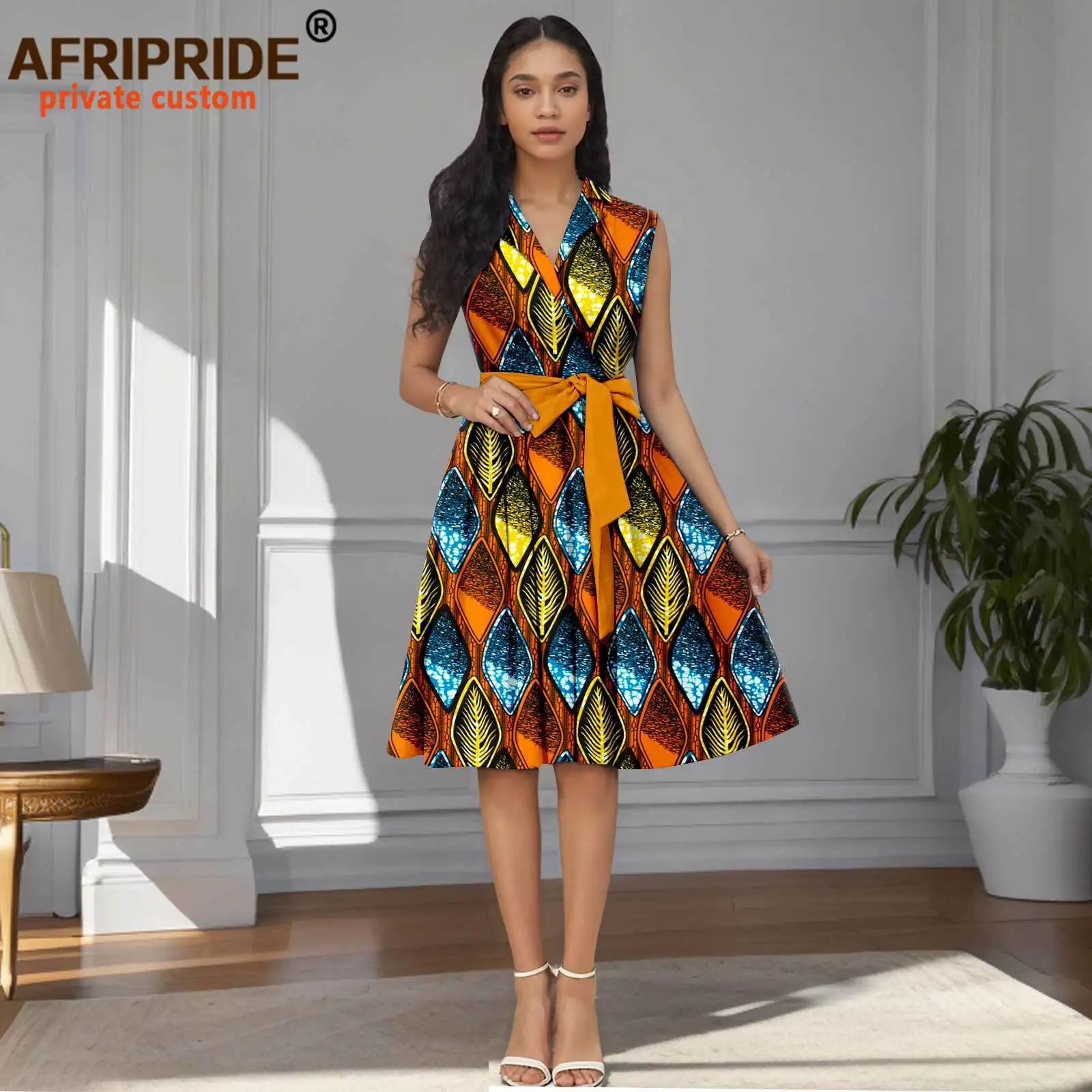 African Dresses for Women V-neck Sleeveless High Waist Elegant Print Dress with Sashes Knee Length Dress Party Attire 2525022