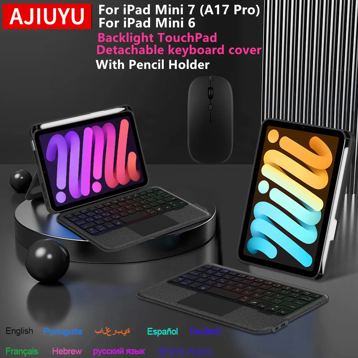 Touchpad Keyboard for iPad Mini A17 Pro Case with Pencil Holder for iPad mini 7, mini6, 8.3'' Tablet Backlit Keyboard Cover Foli