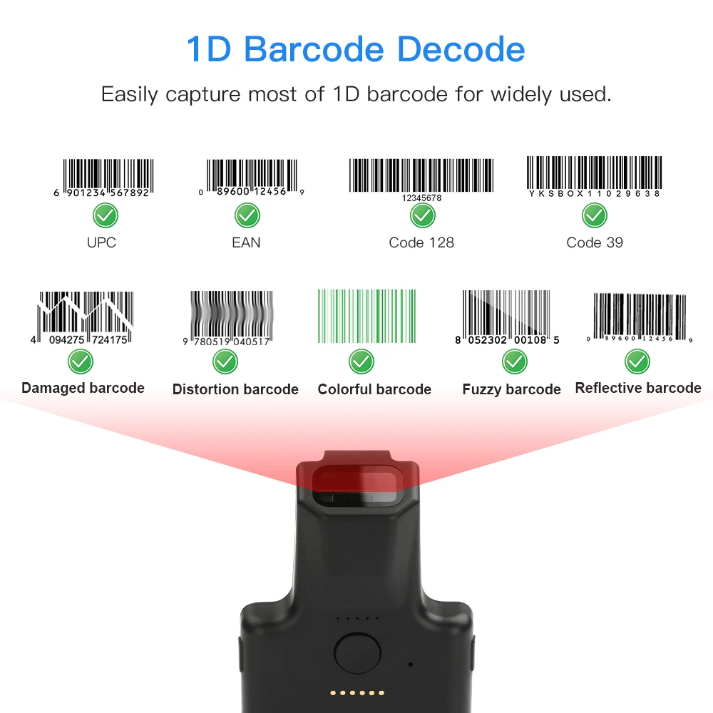 Eyoyo 1D Back Clip-on Bluetooth Barcode Scanner Works With Phone, Portable Bar Codes Reader Compatible With Android iOS Windows