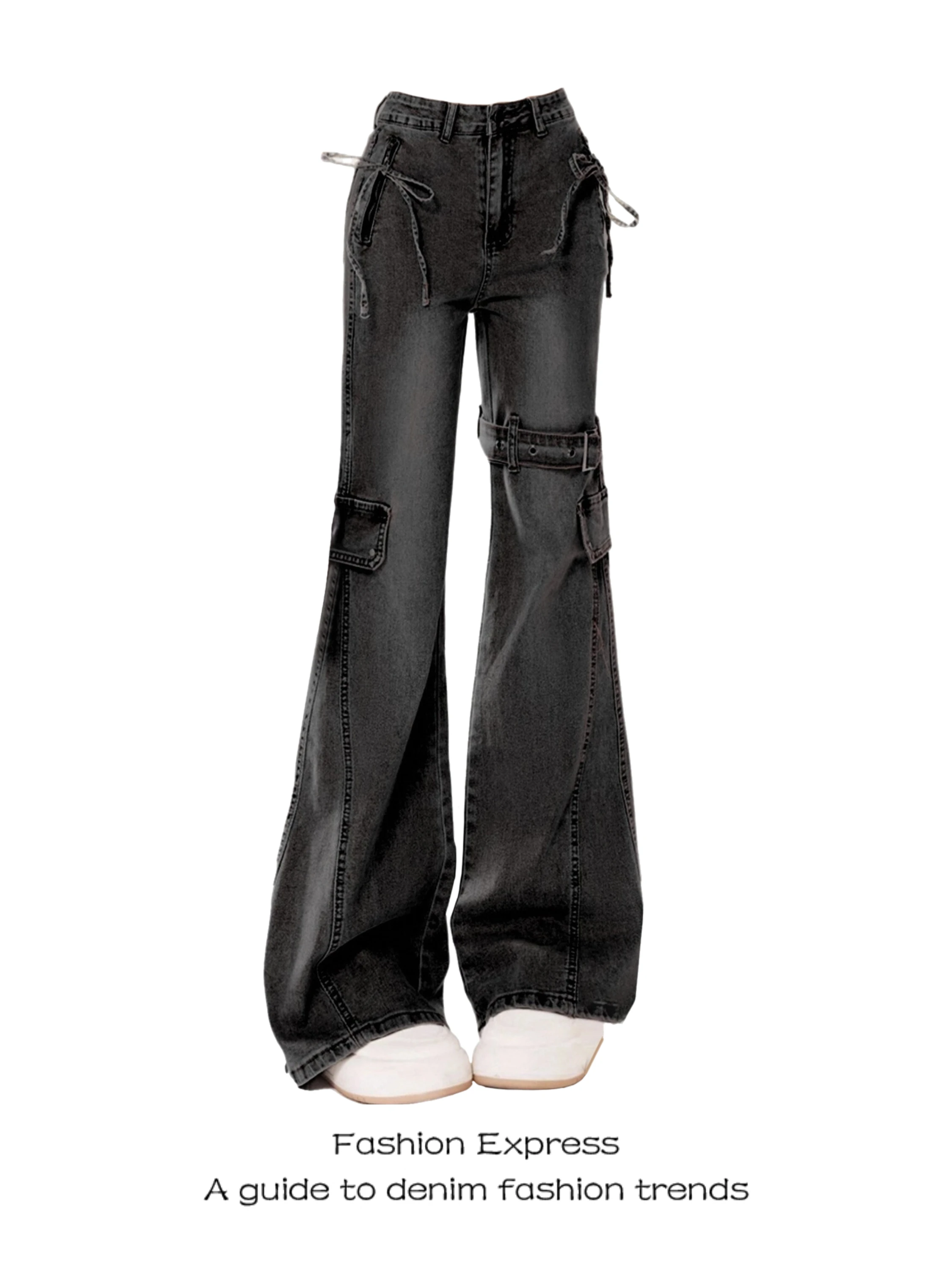 

Ретро-джинсы клеш из денима для женщин, черные, с высокой талией, с узлом, модные, весна-осень, новые, повседневные