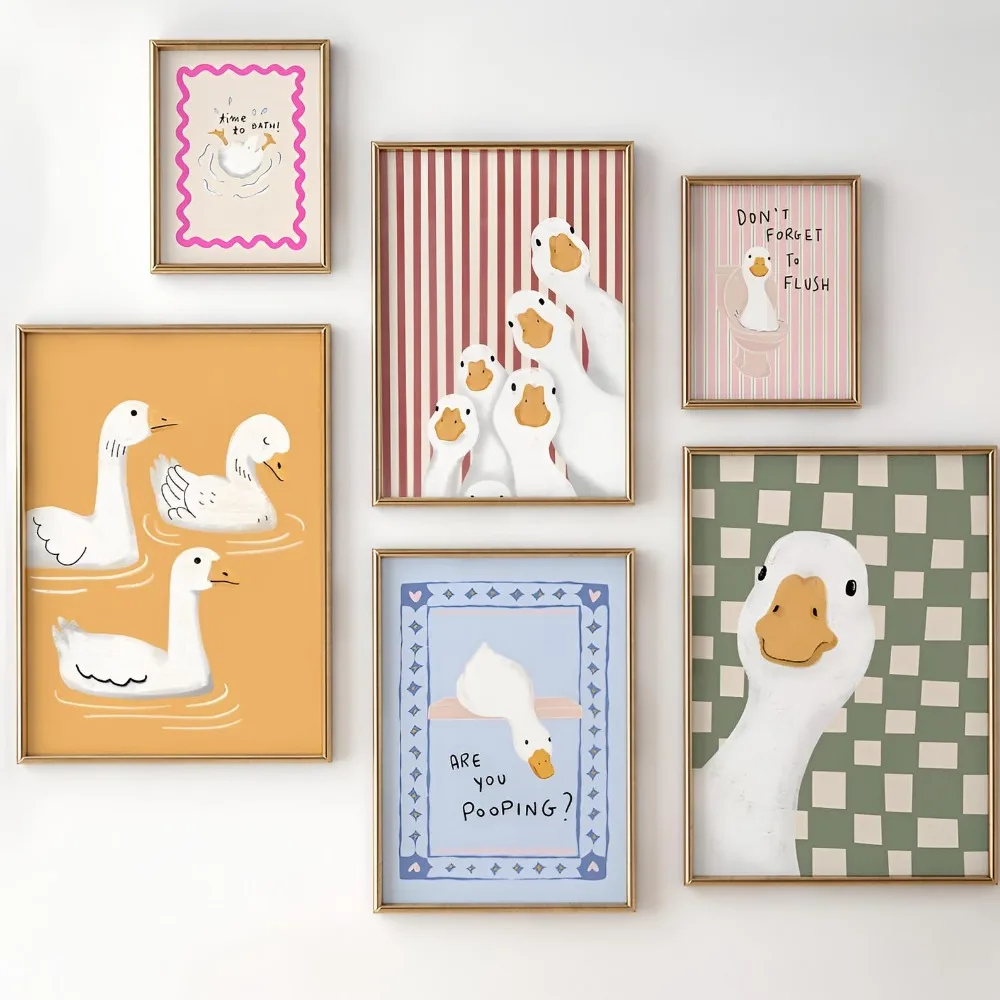 ​Frameless Funny Goose Bathroom Wall Art/Cute Duck Print Nursery Decoration/Children's Toilet Bathroom Poster Wall Decoration